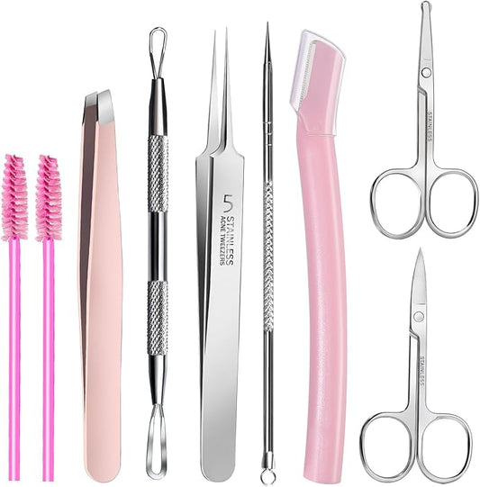 Teenitor Facial Tools Kit with Blackhead Remover Tweezers, Ingrown Hair Tweezers, Pimple Extractor Acne Treatment Tool, Eyebrow Scissors, Razor, Brush