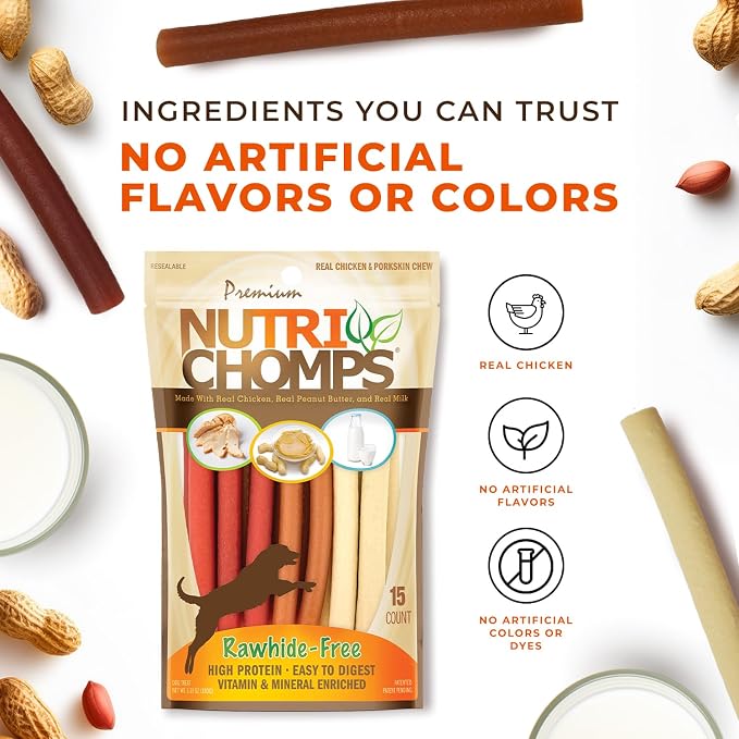 Nutri Chomps Rawhide Free Dog Chews, Chicken/PB/Milk, 5in Twists, 15ct, 2pk | Long-lasting chew. High protein, low fat, healthy & delicious treat for dogs.