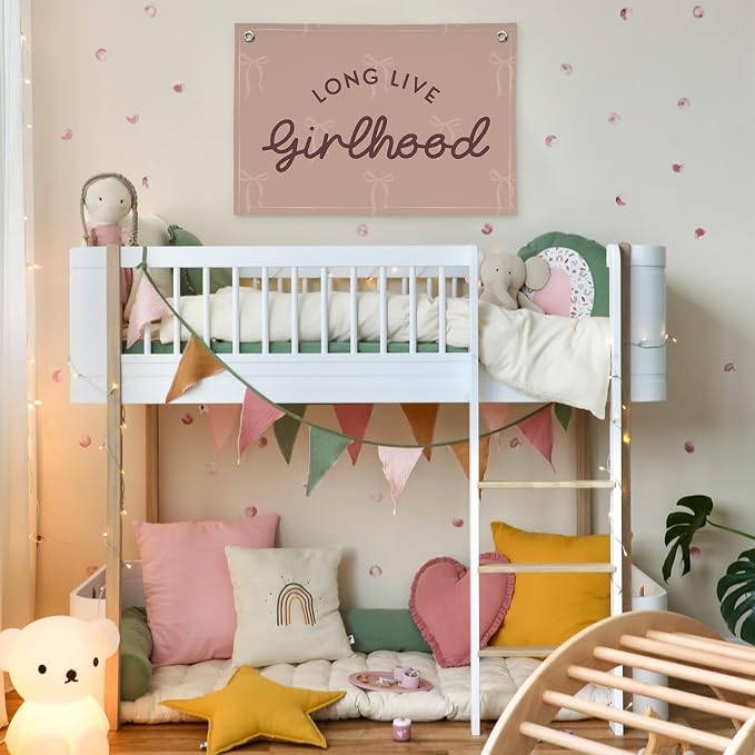 Pink Girls Room Decor，Vintage Coquette Bow Hanging Linen Banner Flag for Baby Girls Nursery Teen Girl Bedroom Dorm Decorations Kids Toddler Room Nursery Playroom Wall,girlroom
