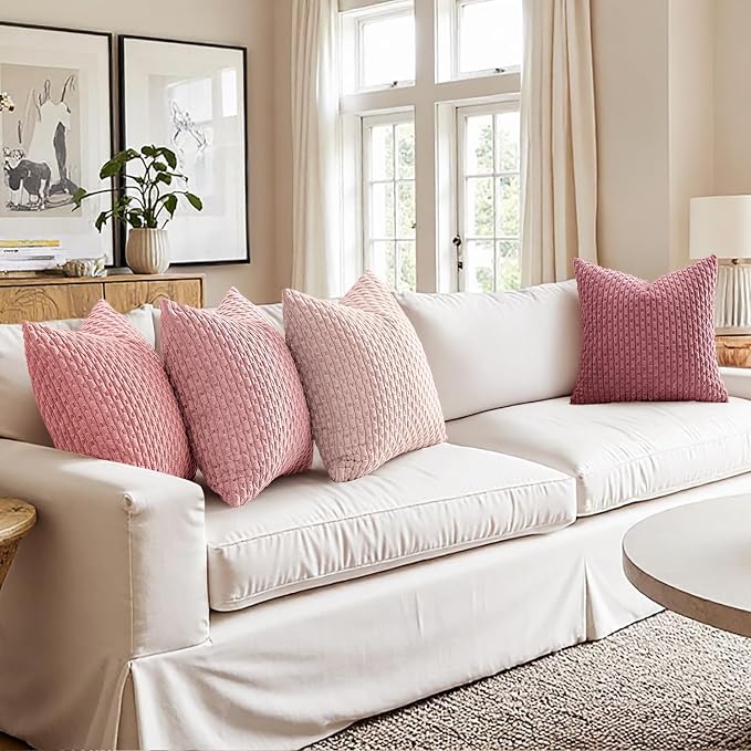 MIULEE Aesthetic Pink Decorative Throw Pillow Covers for Couch Living Room 20x20 Inch Set of 4 Cute Soft Cushion Covers Corduroy Pillowcases Spring Coquette Room Decor for Bed Sofa Room, Blush Rose