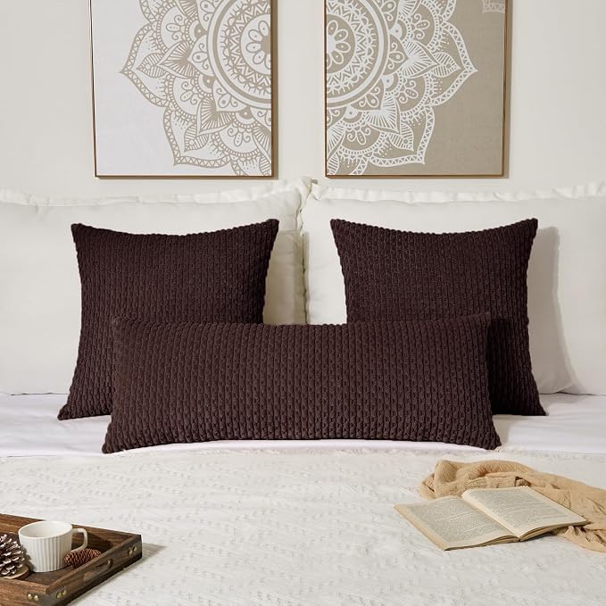 Kevin Textile Soft Corduroy 14"x36" Lumbar Pillow Cover 1 Pack, Coffee | Boho Stripe Plush Corduroy Decorative Oblong Cushion Cover Modern Farmhouse Home Decor for Sofa Couch Bed Chair