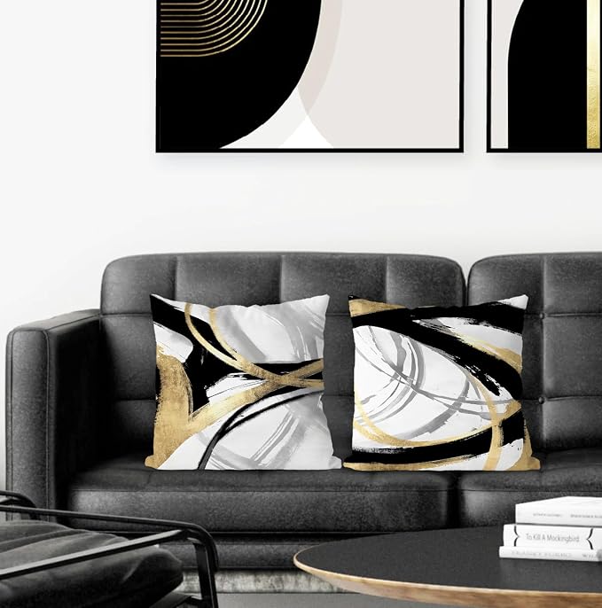 Black White and Gold Pillow Covers, Abstract Black and Gold Pillow Covers 16x16 Set of 2, Modern Boho Home Decor, Black and Gold Decorative Throw Pillows Cover for Couch Living Room Bedroom