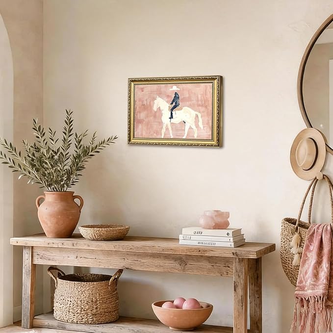 Gold Framed Western Cowboy Wall Art, Modern Abstract Cowboy on Horse Wall Decor Painting Vintage Southwestern Ranch Canvas Prints Picture for Farmhouse Living Room Bedroom 16x24 inch