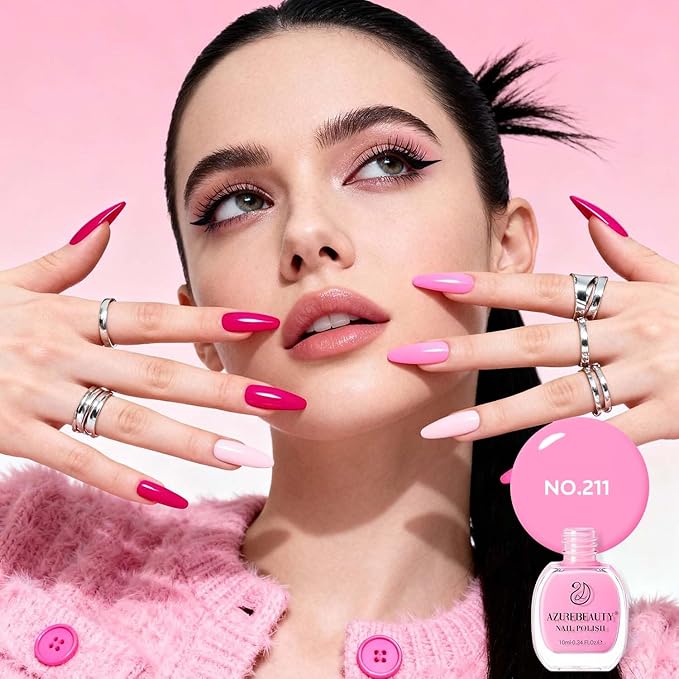 AZUREBEAUTY Hot Pink Nail Polish Set (4 Colors + Top Coat), Bright Solid Color Shades, Glossy Finish, Quick Dry Regular Nail Polish for Easy DIY Use