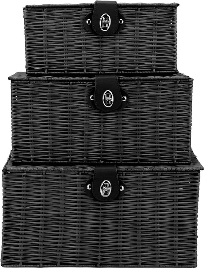 Set of 3 Woven Wicker Storage Basket Box with Lids & Lock, Built-in Carry Handles, Multifunctional Storage Organizer for Nursery, Baby, Clothes, Toys, Books, Large/Medium/Small Size (Black)