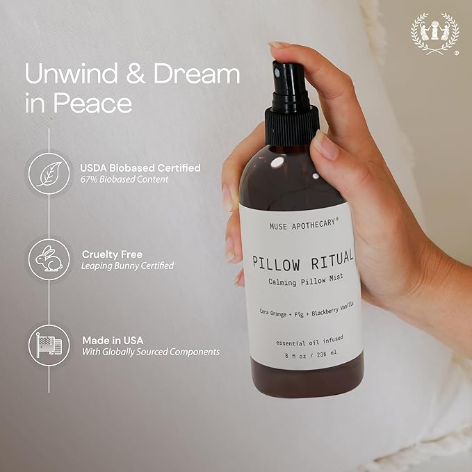 Muse Apothecary Pillow Ritual - Aromatic, Calming and Relaxing Pillow Mist, Linen and Fabric Spray - Infused with Natural Aromatherapy Essential Oils - 4 oz, Bergamot + French Lavender + Sandalwood