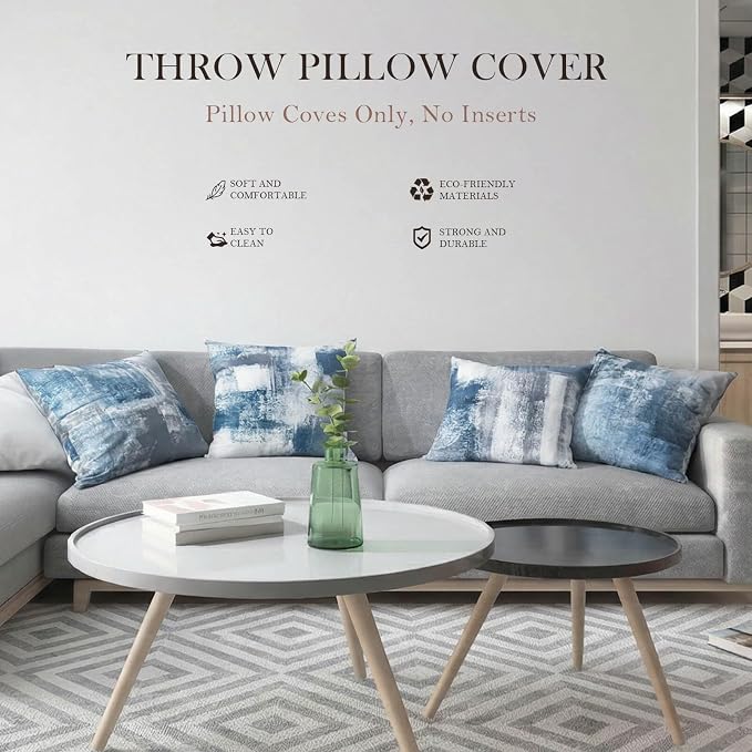 Set of 4 Blue and Grey Abstract Art Artwork Pillow Cover 18 x 18 Inch, Gallery Modern Decorative Throw Pillows Cushion Cover for Bedroom Sofa Living Room | Double-sided vibrant artwork accent cushion covers. Perfect decorative pillows for couch, sofa, ...