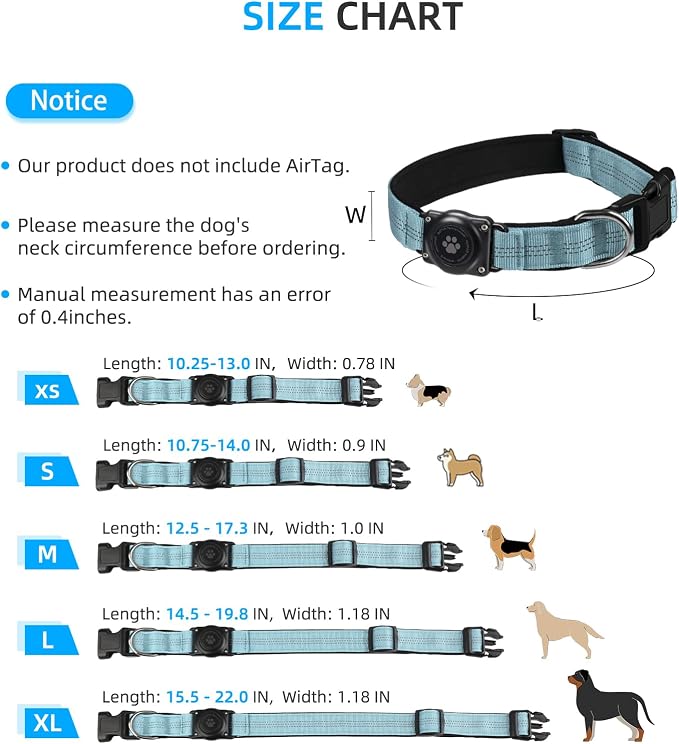 Upgrade Dog Collar with AirTag Holder, IP68 Waterproof, Light Blue, L | Built-in Water Resistant AirTag holder, 1000D Nylon, Reflective Stitching for Night Visibility, Soft padding for Comfort