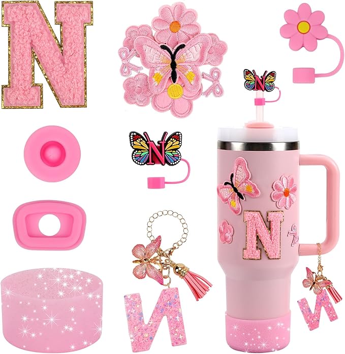 15PCS Cup Accessories Set for Stanley Cup 30oz 40oz Tumbler with Handle, Including Silicone Straw Cover and Boot, Spill Proof Stopper, Stanley Charms, Handle Charm, Initials Sticker