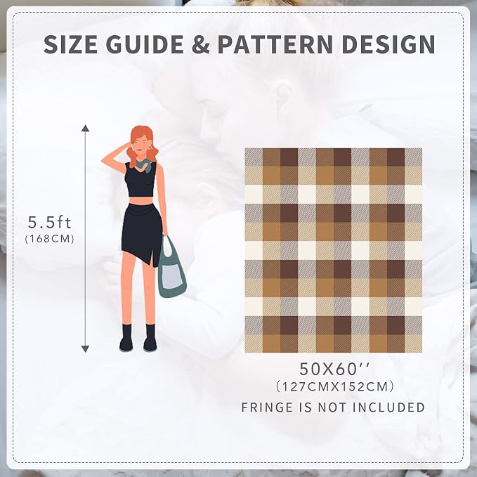 RECYCO Buffalo Plaid Chenille Throw Blanket, 50"x60", Brown Off White | Super Soft Knit Throw Blanket with Tassels, Lightweight, Cozy, Farmhouse Decor, Ideal for Couch Sofa Chair Bed Living Room
