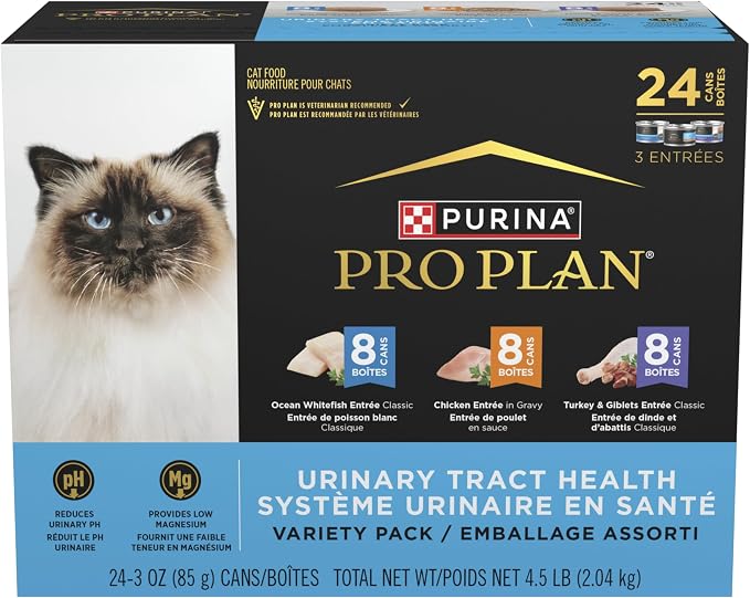 Purina Pro Plan Urinary Cat Food Wet Variety Pack Urinary Tract Health Ocean Whitefish,Chicken,Turkey and Giblets - 3 oz. Cans,(Pack of 48)