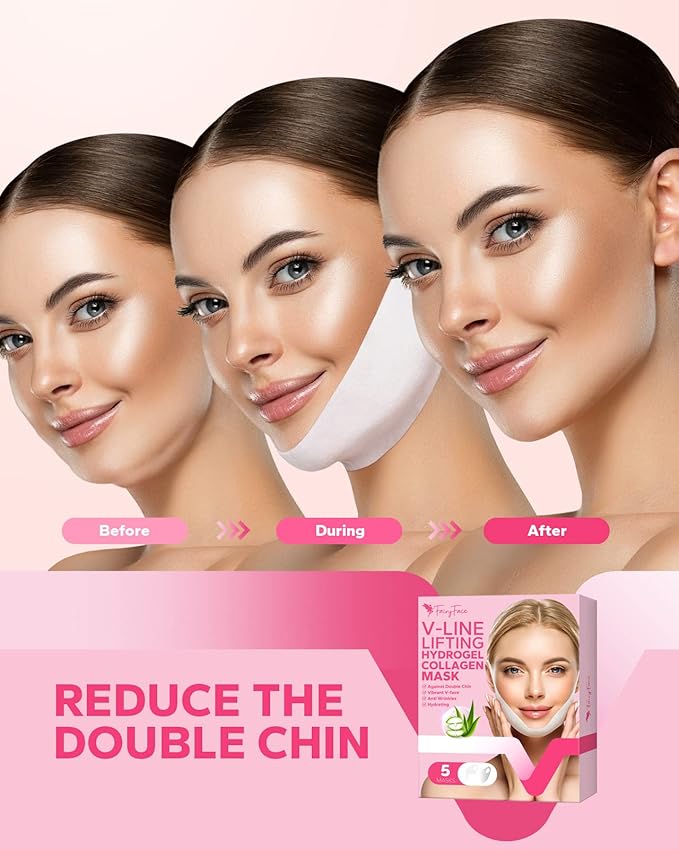 FairyFace V Line Shaping Face Masks (5 Count), Double Chin Reducer, Lifting Hydrogel Collagen Mask with Aloe Vera and Seaweed, Anti-Aging and Anti-Wrinkle