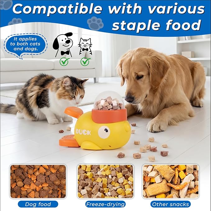 Duck Shaped Snack Pressing Slows Eating Speed Snack Dispenser | BPA free pet interactive puzzle snack dispenser suitable for small and medium-sized cats and dogs with multiple pets (yellow)