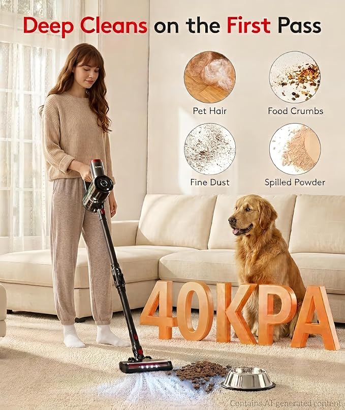 RONEAIR Cordless Vacuum Cleaner 40Kpa 45Min 6-in-1 Self-Standing | Bendable Wand Stick Vacuum,Anti-Tangle,1L,4 LED,Rechargeable for Pet Hair Carpet Hard Floors Dom Home Use ETL Certified