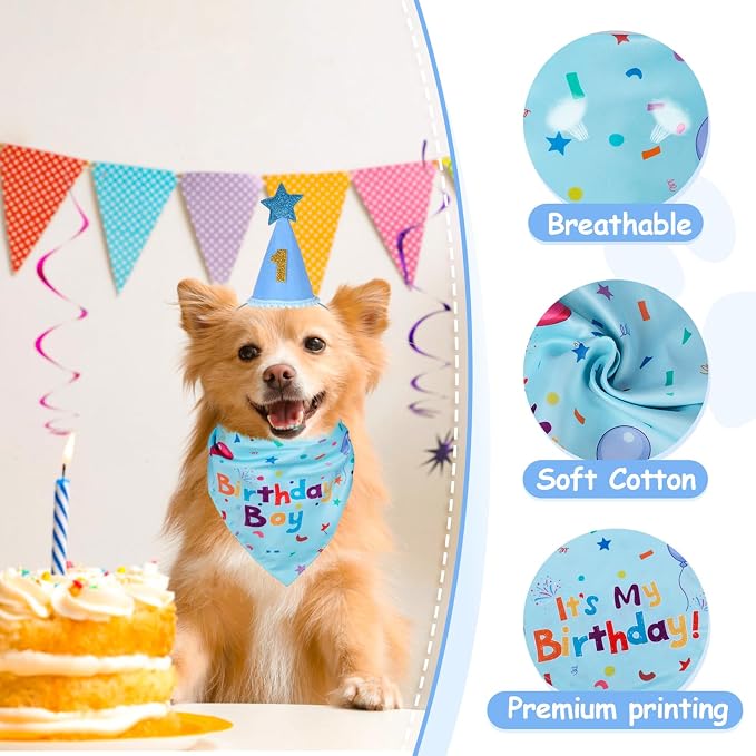 Dog Birthday Bandana Set, Dog Birthday Party Supplies,Dog Birthday | Puppy Boy Girl Birthday Party Hat with Numbers for X-Small, Small and Meidum Puppy (Blue),Dog Birthday Decorations,Breathable