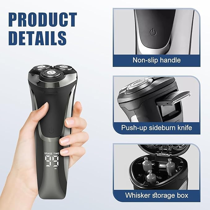 Snapbuy Electric Razor for Men, Snapbuy Electric Razor Pro of Father, Electric Shavers for Men,Ipx7 Waterproof Cordless Shaver with 90-Min Runtime, 4D Floating Head Rotary Shaver, Fast Charging(Black)