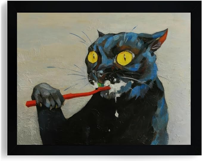 ICHZUMW Framed Funny Black Cat Bathroom Decor Canvas Wall Art, 8x10 Inches | Quirky Black Cat Brushing Teeth Painting, Humorous Bathroom Wall Decor, Restroom Powder Room, Fade Resistant, Ready to Hang