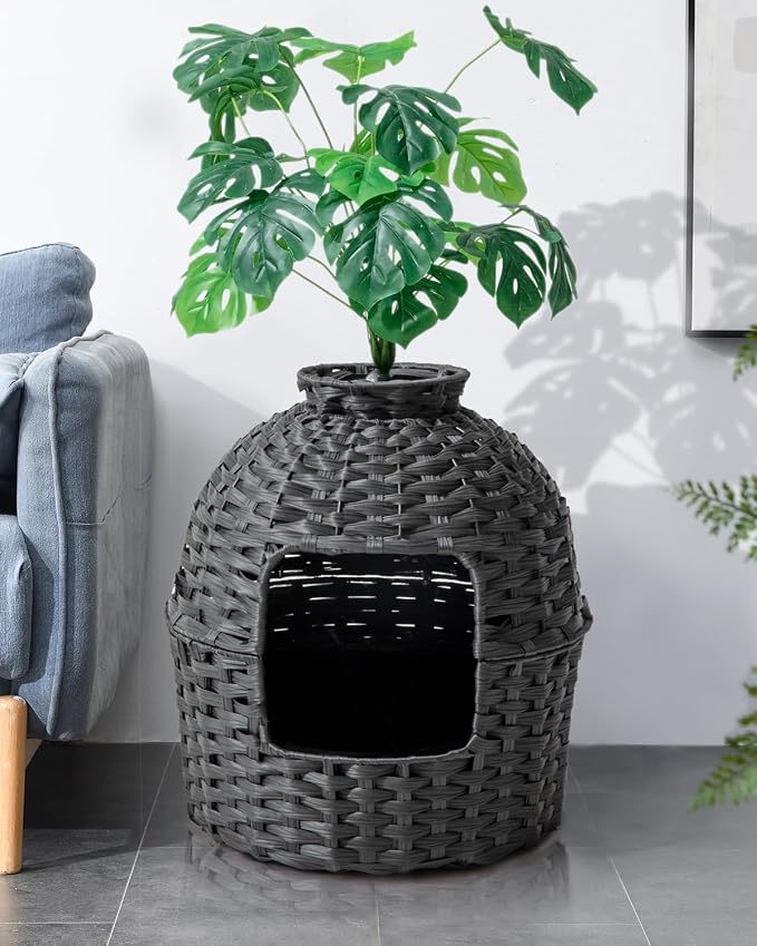 SETVSON Cat Litter Box Plant Furniture Enclosure, PE Rattan House, Black | Decorative Planter Design, Easy Clean, Artificial Plants & Real Stones Included, Private Inner Litter Box, 20" x 20" Compact