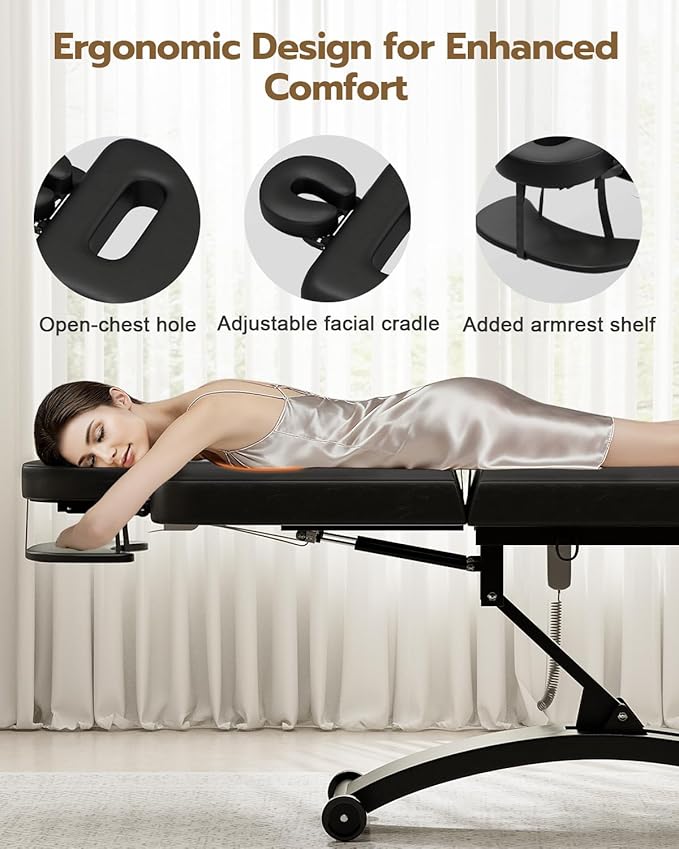 Paddie 550lbs Electric Lift Massage Table, Professional for Treatment/Facial/Beauty/Spa/Physical Therapy, Haydrulic Adjustable Backrest/Face Cradle/Rolling Wheels, Black
