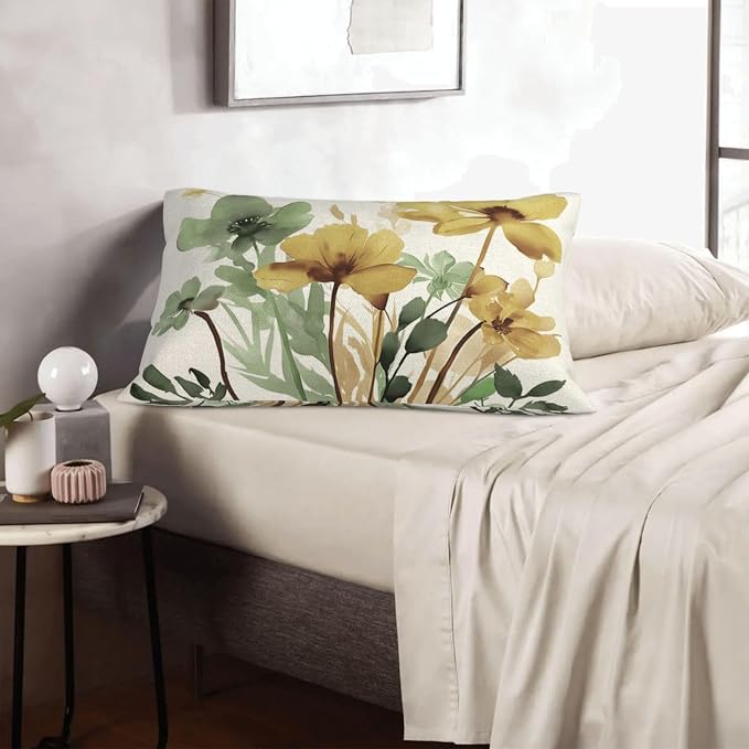 Floral Pillow Covers 12x20 Inch Set of 2 Sage Green Yellow Floral Throw Pillow Cover Outdoor Modern Spring Summer Flower Decor Pillowcase Farmhouse Decorative Lumbar Cushion Cover for Home Sofa