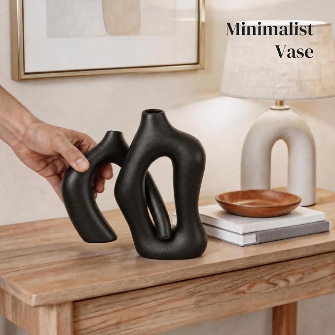 Dowan Black Vases for Decor,Hollow Ceramic Vase Set of 2,8.3" Nordic Modern Boho ins Style Decorative Ceramic Aesthetic Flower Vase for Home Decor Modern Minimalist Table, Entryway Centerpieces