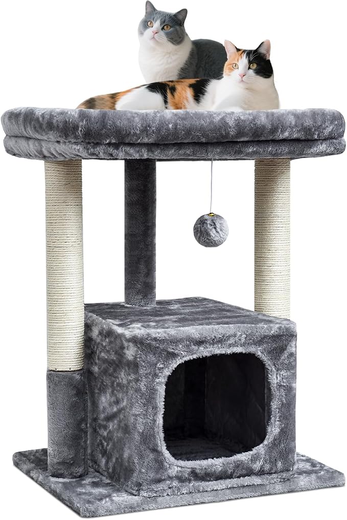 SYANDLVY 27IN Cat Tree for Indoor Cats Large Adult, Modern Activity Tower | Scratching Posts, Condo with Plush Perch, Climbing Stand with Spring Ball for Play, Grey