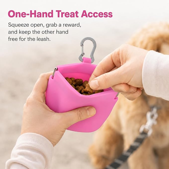 Silicone Dog Treat Pouch for Pet Training One-Hand Access One Cup Silicone Treat Bag with Pull Tab and Auto Closing Lid Treat Pouches for Leash(Color: Pink)
