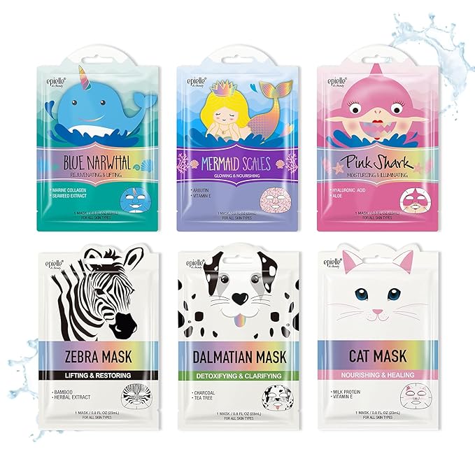 Epielle Character Face Mask Wave & Wild 6 Pack, Fun & Effective Korean Skin Care, Spa Party Favors, Easter Basket Stuffers, Birthday Gifts for Women, Self Care Gifts