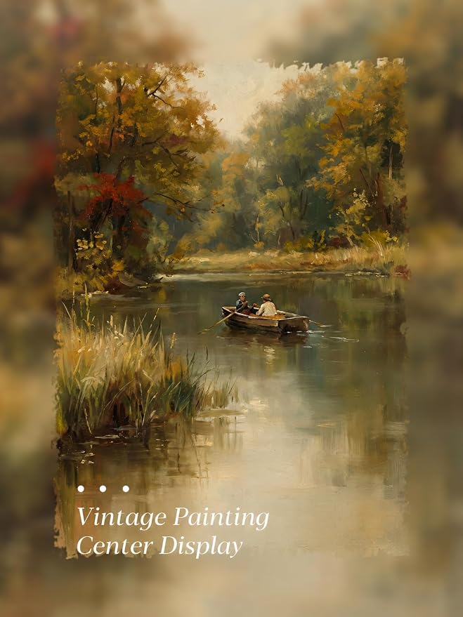 Gold Framed Wall Art, Country Fisherman Canvas Prints, Vintage Rowboat River Fall Landscape Picture Wall Decor, Rustic Farmhouse Cottagecore Artwork for Living Room Bedroom 12x16 inch
