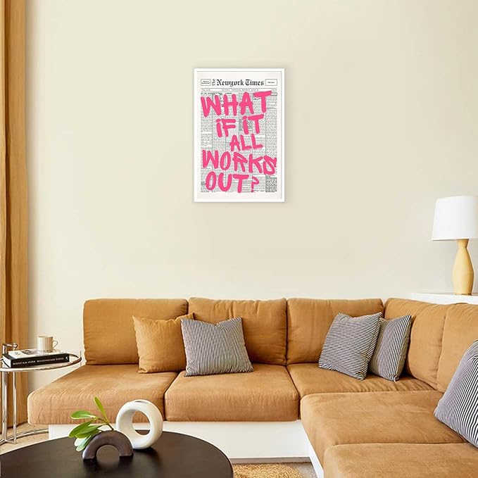 Drimiler Retro Newspaper Pink Font Poster What If It All Works Out Canvas Wall Art Positive Affirming Quote Minimalist Prints Painting For Home Bedroom Dorm Wall Decor 12x16in Unframed