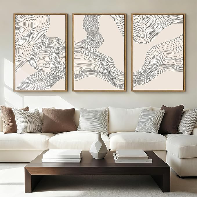 Beige Abstract Wall Art Framed Neutral Modern Canvas Wall Decor Minimalist Line Wave Painting16x24 Inch Pictures Set of 3 for Living Room Bedroom Dining Room