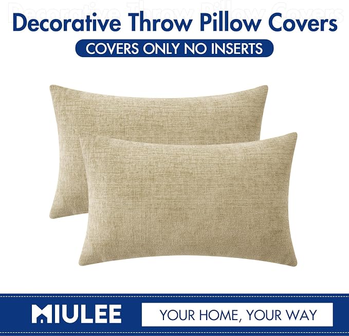 MIULEE Soft Chenille Lumbar Throw Pillow Covers Beige 12x20 Inch Pack of 2 | Modern Home Decor, Classic Decorative Pillows, Solid Dyed Cases, Boho Couch Cushion Covers for Sofa Bed Living Room