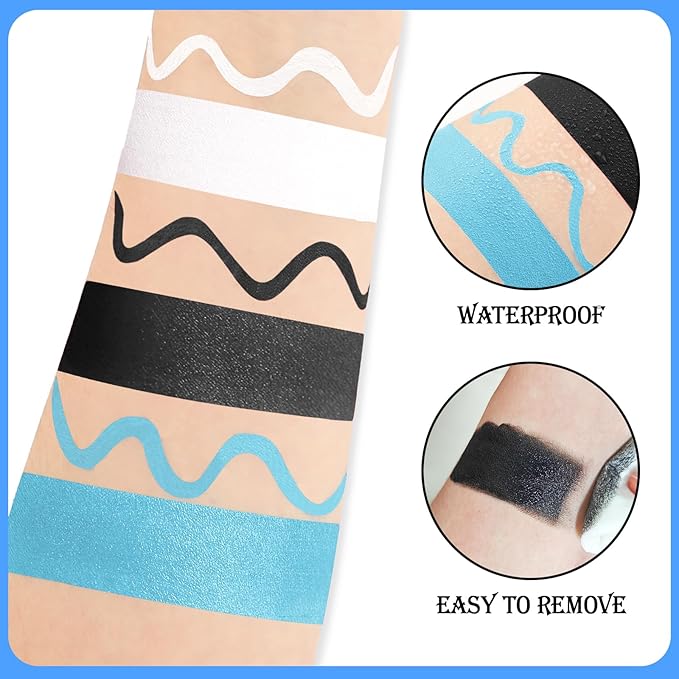 Black White Light Blue Face & Body Paint - Blendable Facepaint Foundation with Sponge & Brush for Skin, Professional Halloween Face Make-up Kit for Sally Face Avatar Smurf Corpse Bride Pale Costume