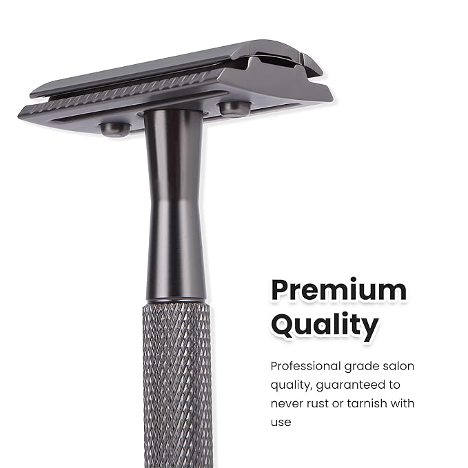Keropy Double Edge Razor With Stand and 10 Premium Stainless Steel Blade Safety Razors For Men Shaving Razor, Matte Black Double Edge Safety Razor, Gun Black