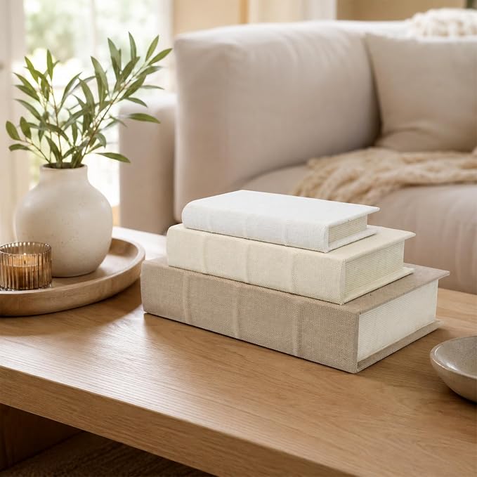 Decorative Book Boxes Set of 3, Linen Storage, 13" | Living Room Decor, Bedroom Decor, Office Decor, Bookshelf Display, Coffee Table, Farmhouse, Rustic, Vintage Style
