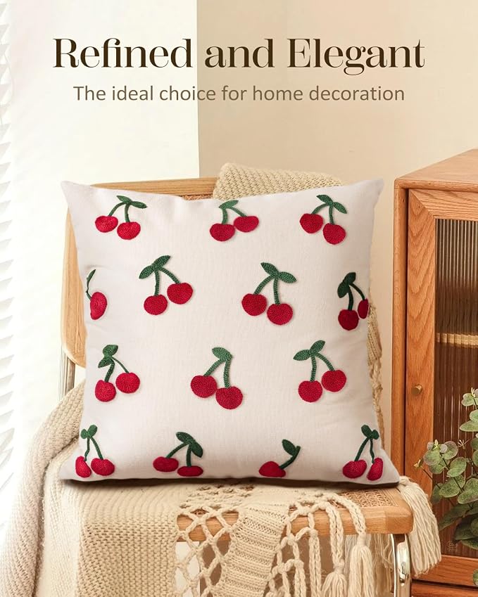 Embroidered Throw Pillow Cover 18x18 Inch, Little Cherry | Decorative Pillow Cover, Vintage Cottagecore Cushion Case with Hidden Zipper, Decor for Couch, Sofa, Living Room, Bedroom
