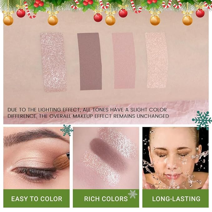 4 Colors Eyeshadow Makeup Palette – Christmas Gifts for Older Women, Plum Brown Champagne Gold Rose Nude Pink Quads, Neutral Matte & Shimmer Cream Powder Eye Shadow, Highly Pigmented Waterproof