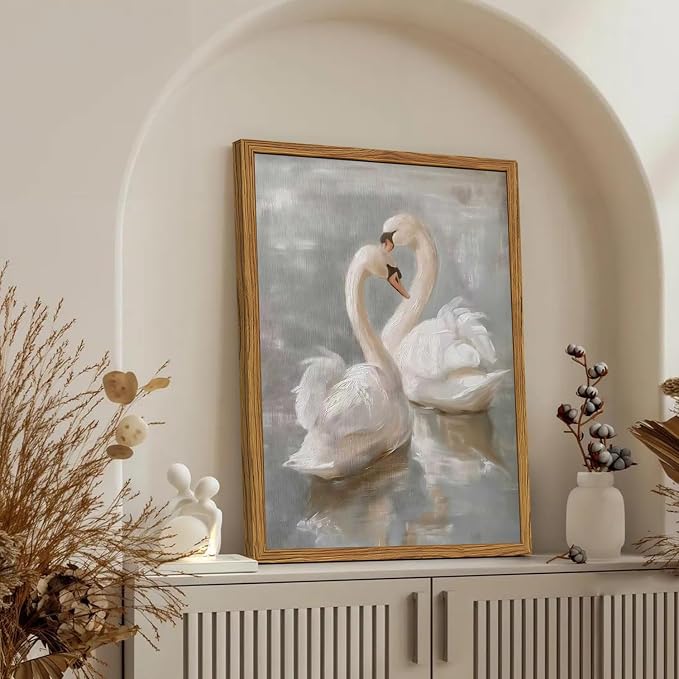 Framed Vintage Swan Canvas Wall Art, Romantic White Swan Paintings Wall Decor, Rustic Animal Pictures Prints Farmhouse Home Decor for Living Room Bedroom 12x16 inch