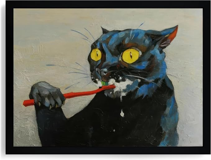 ICHZUMW Framed Funny Black Cat Bathroom Decor Canvas Wall Art, 12x16 Inches | Quirky Black Cat Brushing Teeth Painting, Humorous Bathroom Wall Decor, Restroom Powder Room, Fade Resistant, Ready to Hang