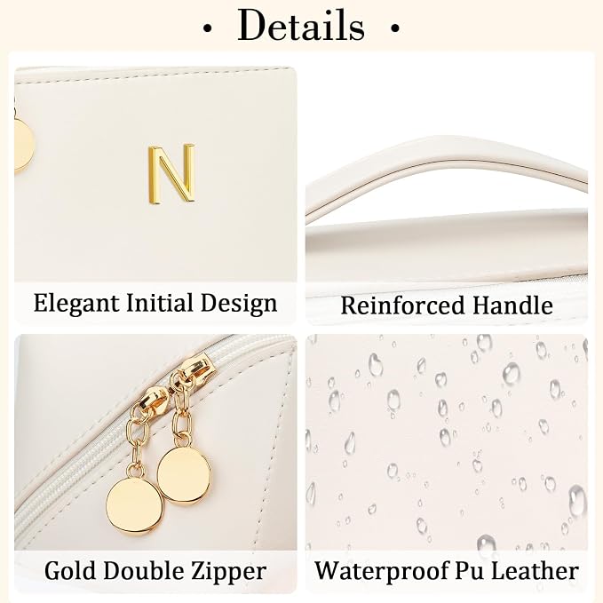 KKXIU Initial Makeup Bag for Women - Personalized Makeup Bag Gifts for Women, Travel Toiletry Bag with PU Leather, Open Flat Design with Top Handle, Cosmetic Bag Set with Multi-Pocket (Beige,N)