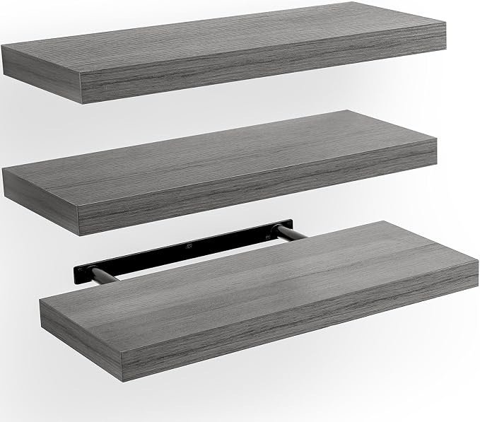 AMADA HOMEFURNISHING Floating Shelves, Wall Shelves for Bathroom/Living Room/Bedroom/Kitchen Decor, Grey Shelves with Invisible Brackets Set of 3 - AMFS07G