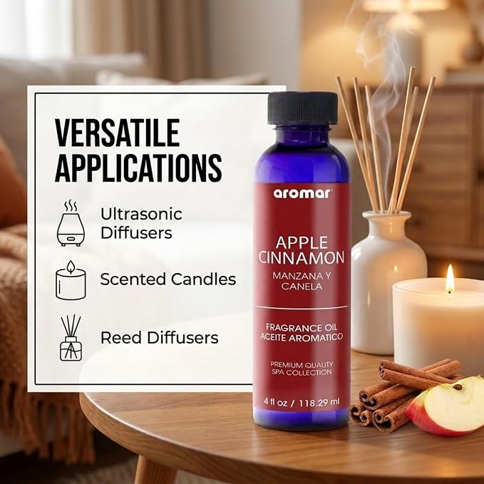 AROMAR Premium Fragrance Oil, Long-Lasting, Refreshing Uplifting Aroma for Aromatherapy, Relaxation & Household Uses, Apple Cinnamon 4 oz.