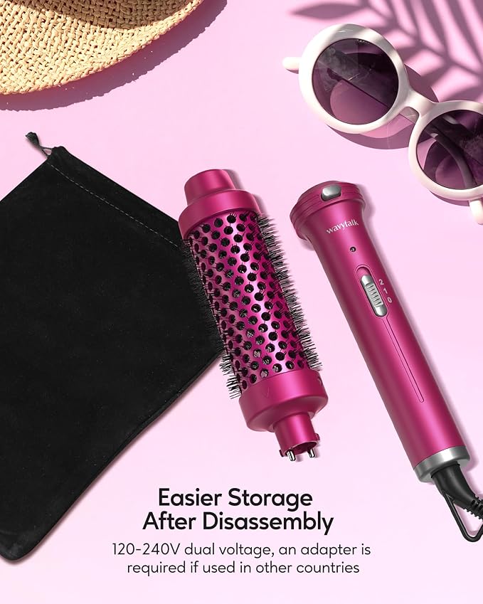 Wavytalk Heated Round Brush, 1 1/2 inch Blowout Look with Detachable Head, Dual Voltage for Travel, Rose Red