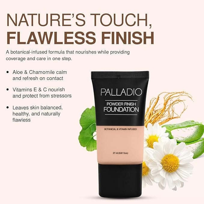 Palladio Powder Finish Liquid Foundation, Natural Matte Appearance, Reduces Fine Lines, Covers Large Pores, Hides Imperfections, All Day Wear, Sheer to Medium Coverage, In the Buff