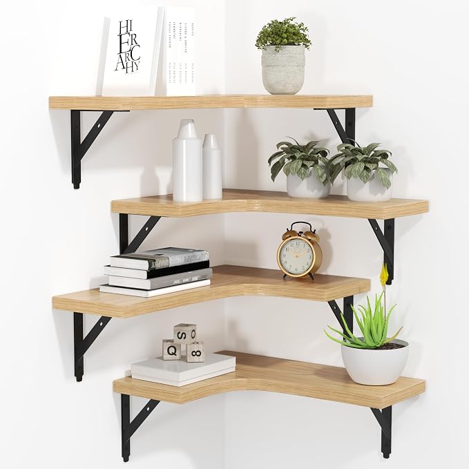 ROMGUAR CRAFT Corner Floating Shelves Wall Mounted Set of 4, Rustic Wood Storage Display Shelves for Home Decor, Bathroom, Kitchen, Bedroom, Living Room, Office (Natural)