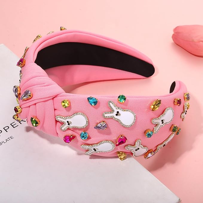 mokkia Easter Headbands Beaded Rabbit Bunny Headband for Women Pink Spring Knotted Headband Easter Hair Accessories Gifts
