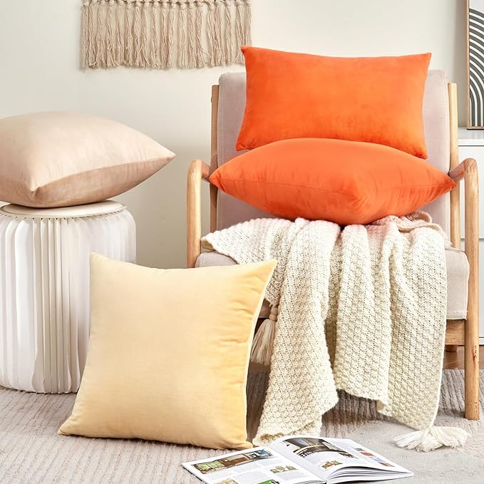 Fall Orange Throw Pillow Covers Decorative Velvet Set of 2 24x24 Inch Pillow Covers, Soft Burnt Orange Pillowcases for Couch Sofa Bed Living Room, Farmhouse Boho Decor, Accent Cushion Covers