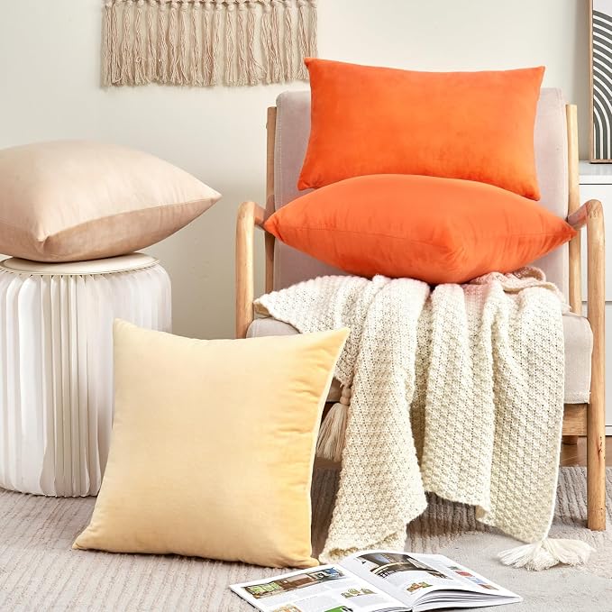 Fall Orange Throw Pillow Covers Decorative Velvet Set of 2 18x18 Inch Pillow Covers, Soft Burnt Orange Pillowcases for Couch Sofa Bed Living Room, Farmhouse Boho Decor, Accent Cushion Covers