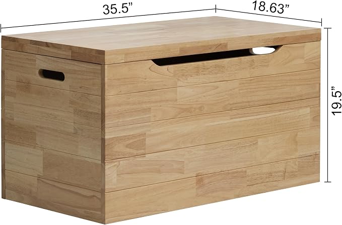 Solid Hardwood Storage Trunk, Natural, 35.5x18.63x19.5 | 2 Safety Hinges, Heavy-duty, Box, Rubberwood