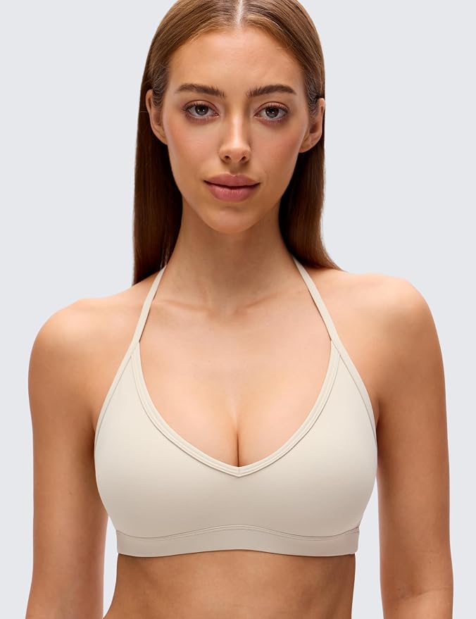 CRZ YOGA Butterluxe Soft Double Lined T-Back Sports Bras for Women - V Neck Adjustable Strap Yoga Crop Top Casual Non Padded